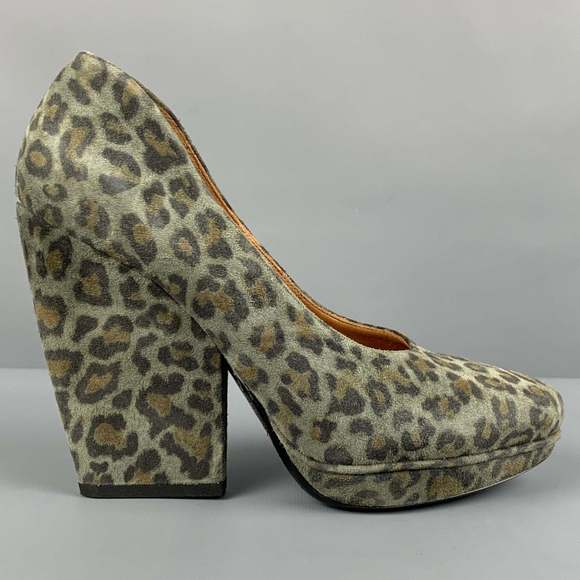DRIES VAN NOTEN Shoes - DRIES VAN NOTEN Moss Brown Suede Animal Print Platform Pumps